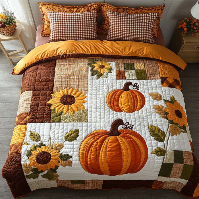 Autumn Cozy Dreams quilted 3-piece bedding set on a made bed with two matching pillow shams