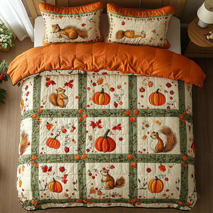 Autumn Heartbeat quilted 3-piece bedding set on a made bed with two matching pillow shams