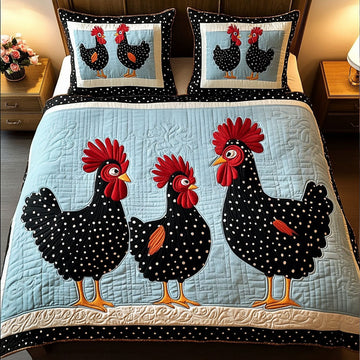 Black White Hens 3-Piece Quilted Bedding Set