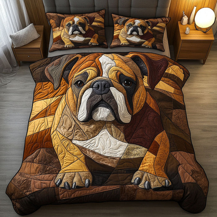 Bold Bulldog Bloom English Bulldog quilted 3-piece bedding set on a made bed with two matching pillow shams