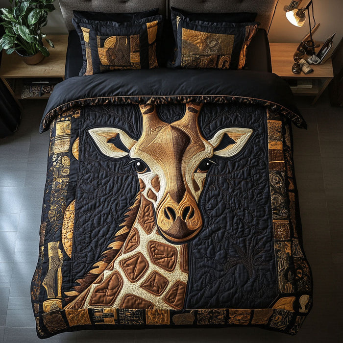 Bold Tribal Giraffe quilted 3-piece bedding set on a made bed with two matching pillow shams