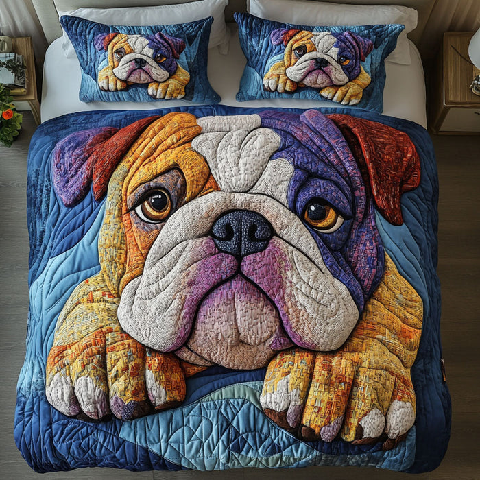 Bulldog Mosaic Muse quilted 3-piece bedding set on a made bed with two matching pillow shams