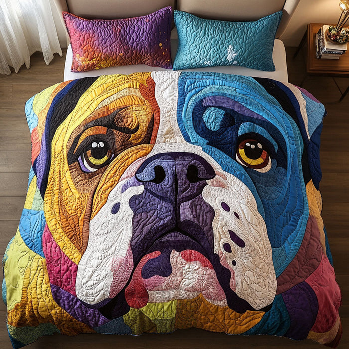 Bulldog Sketch World quilted 3-piece bedding set on a made bed with two matching pillow shams