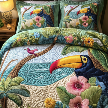 Colorful Toucan 3-Piece Quilted Bedding Set