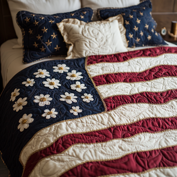 Daisy Spirit quilted 3-piece bedding set on a made bed with two matching pillow shams