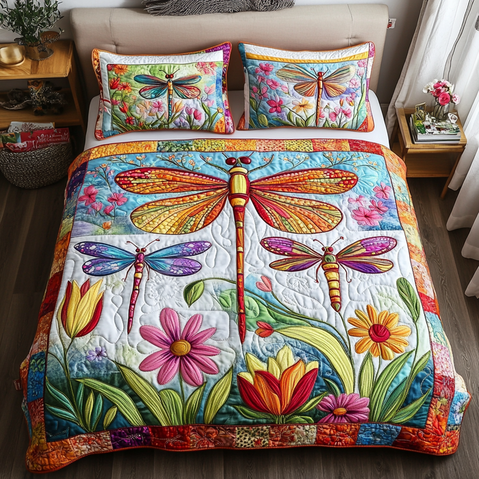Dreamy Flora quilted 3-piece bedding set on a made bed with two matching pillow shams