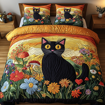 Enchanted Floral Cat 3-Piece Quilted Bedding Set