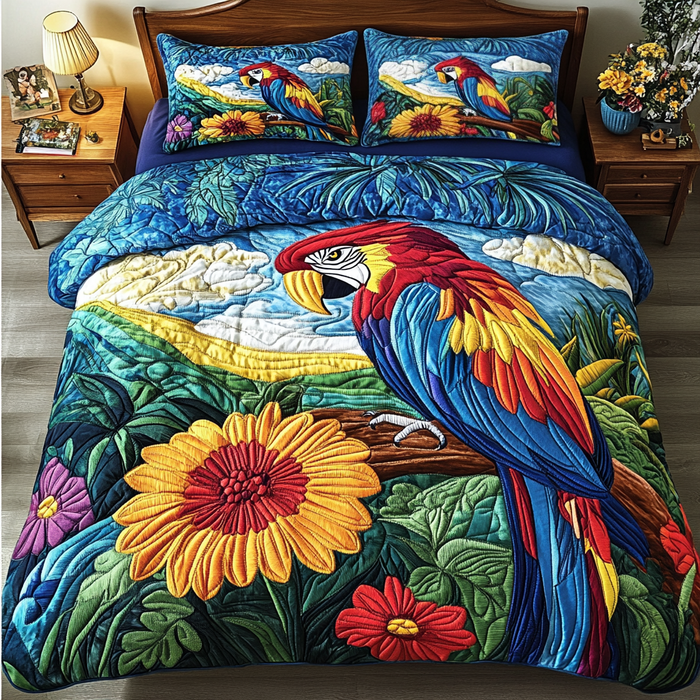 Feathered Chatter quilted 3-piece bedding set on a made bed with two matching pillow shams