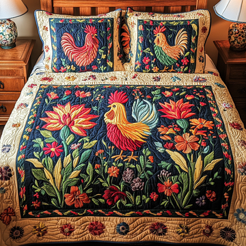 Feathered Friends Rooster 3-Piece Quilted Bedding Set