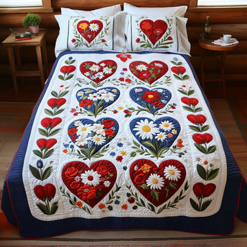 Floral Heart Symphony 3-Piece Quilted Bedding Set