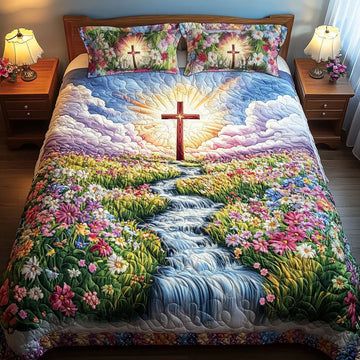 Floral Path Cross 3-Piece Quilted Bedding Set