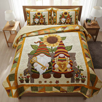 Gnome Love Couple 3-Piece Quilted Bedding Set