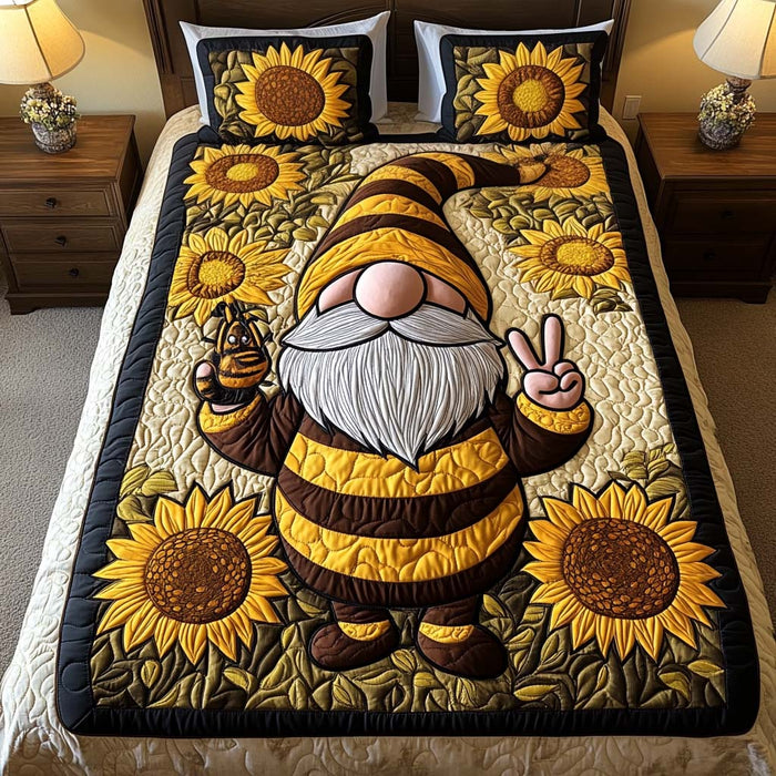 Golden Cheer Gnome quilted 3-piece bedding set on a made bed with two matching pillow shams