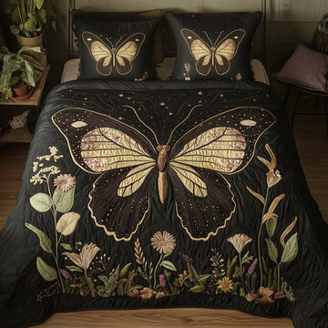 Golden Flutter Butterfly 3-Piece Quilted Bedding Set