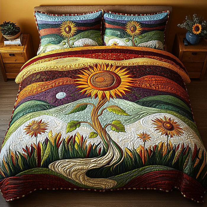 Golden Harvest Night quilted 3-piece bedding set on a made bed with two matching pillow shams