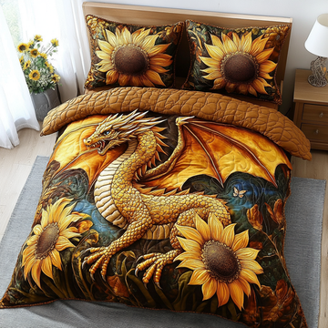 Golden Sunflower Dragon 3-Piece Quilted Bedding Set