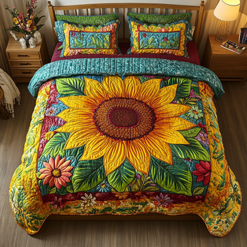 Golden Sunflower Elegance Flower 3-Piece Quilted Bedding Set