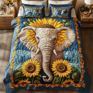 Golden Sunflower Elephant 3-Piece Quilted Bedding Set