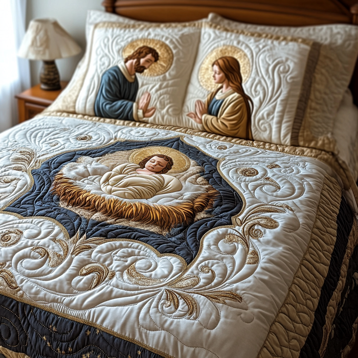 Guiding Star Grace Quilted Bedding Set quilted 3-piece bedding set on a made bed with two matching pillow shams