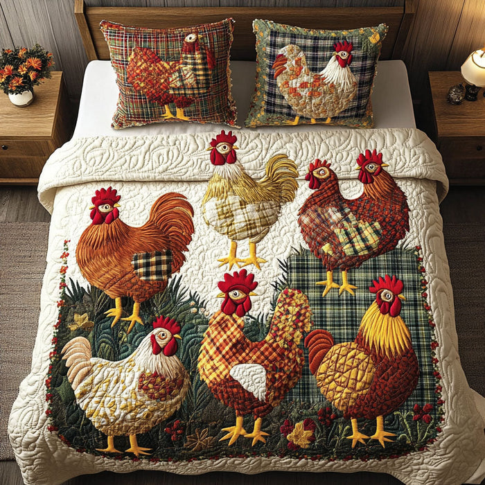 Harvest Hens quilted 3-piece bedding set on a made bed with two matching pillow shams