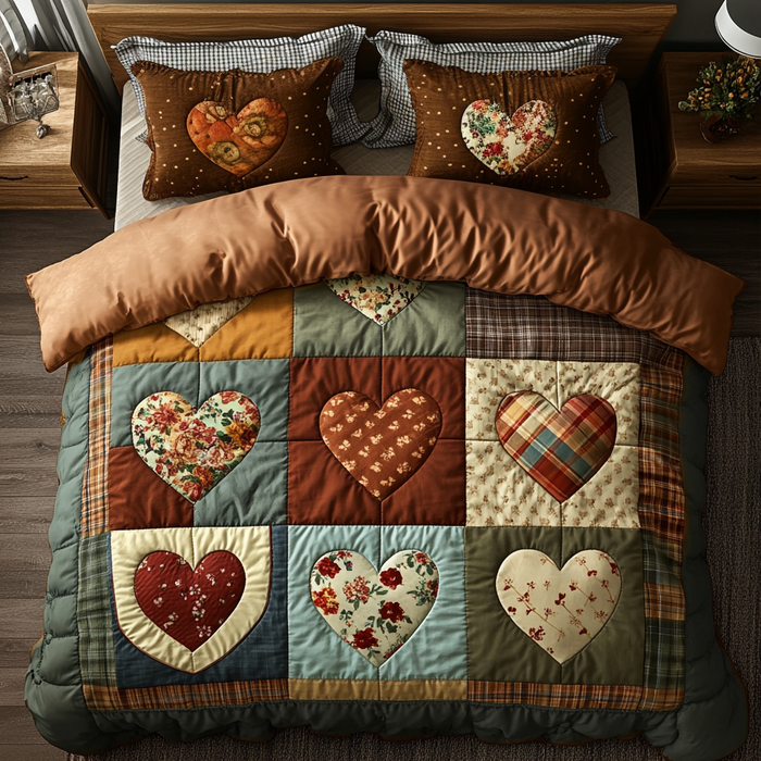 Heart Threads quilted 3-piece bedding set on a made bed with two matching pillow shams