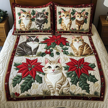 Holly Cheer Cats 3-Piece Quilted Bedding Set