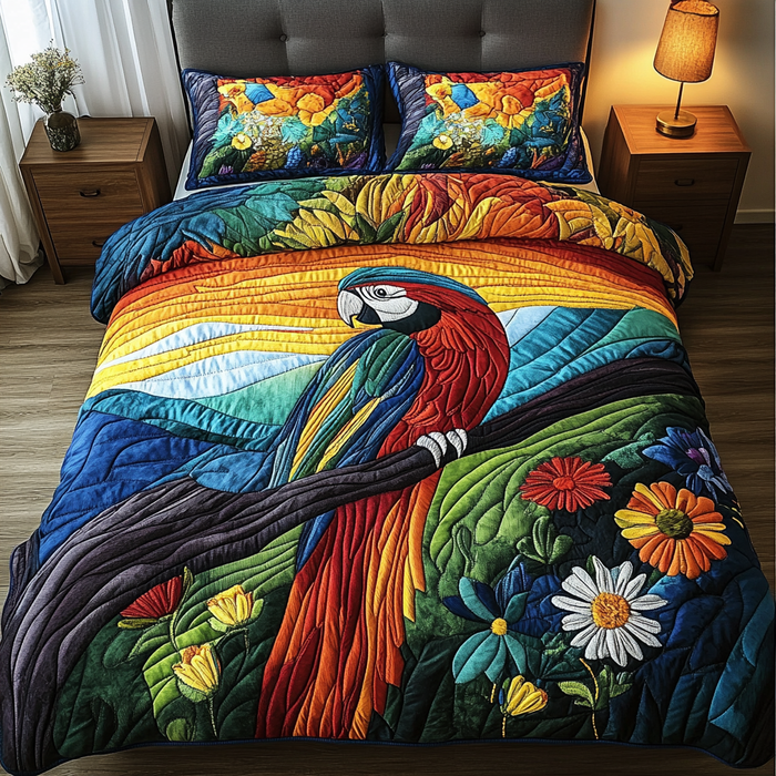 Jungle Whisper quilted 3-piece bedding set on a made bed with two matching pillow shams