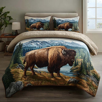 Lodge Bison Scene 3-Piece Quilted Bedding Set