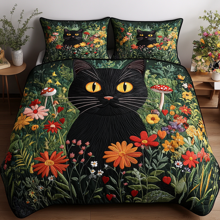 Midnight Garden Guardian quilted 3-piece bedding set on a made bed with two matching pillow shams