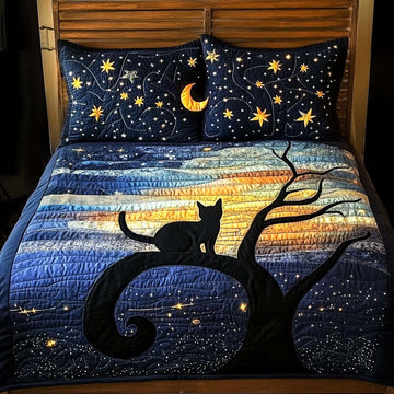 Moonlit Black Cat 3-Piece Quilted Bedding Set