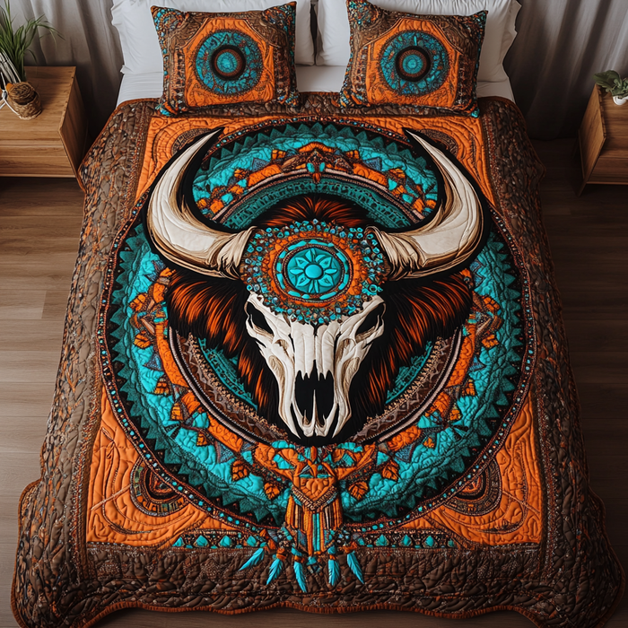 Native Strength Bison Skull quilted 3-piece bedding set on a made bed with two matching pillow shams