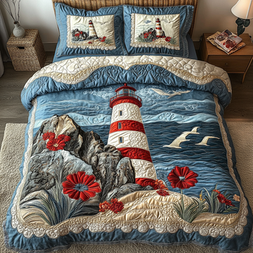 Neutral Ocean Breeze Lighthouse 3-Piece Quilted Bedding Set