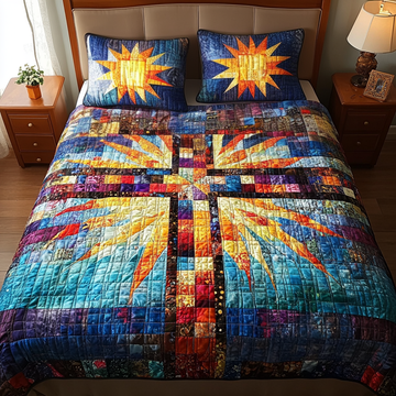 Orange Sunlit Cross 3-Piece Quilted Bedding Set