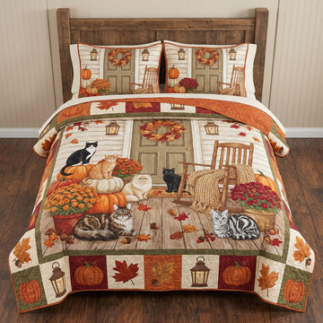 Pumpkin Patch Cats 3-Piece Quilted Bedding Set