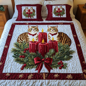 Radiant Holiday Cats 3-Piece Quilted Bedding Set