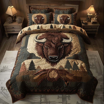 Rustic Pine Bison 3-Piece Quilted Bedding Set