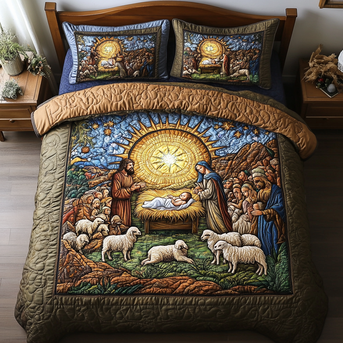 Sacred Birth Scene Quilted Bedding Set quilted 3-piece bedding set on a made bed with two matching pillow shams