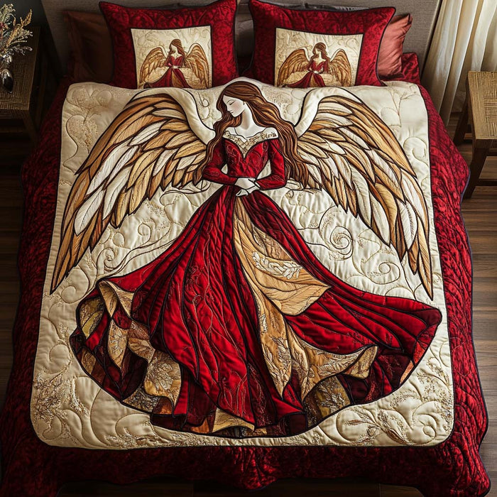Scarlet Seraph quilted 3-piece bedding set on a made bed with two matching pillow shams