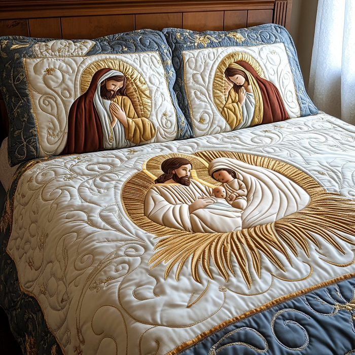 Silent Night Serenity Quilted Bedding Set quilted 3-piece bedding set on a made bed with two matching pillow shams