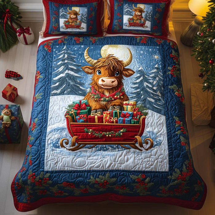 Sleigh Bells quilted 3-piece bedding set on a made bed with two matching pillow shams