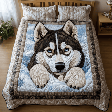 Snowy Husky Paws 3-Piece Quilted Bedding Set