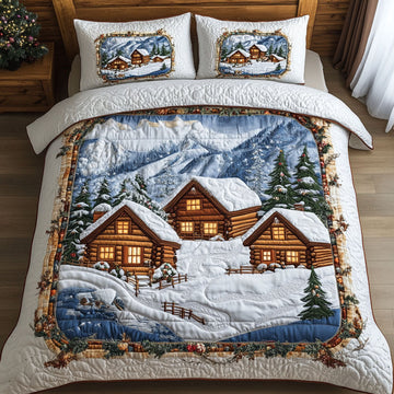 Snowy Village Cabins 3-Piece Quilted Bedding Set