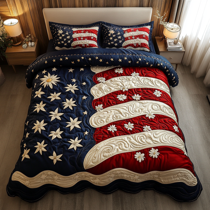 Starry Pride quilted 3-piece bedding set on a made bed with two matching pillow shams