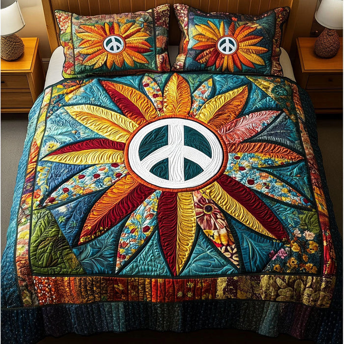 Sunflower Harmony Hippie quilted 3-piece bedding set on a made bed with two matching pillow shams