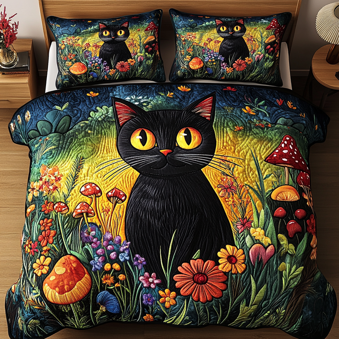 Sunset Fields Cat quilted 3-piece bedding set on a made bed with two matching pillow shams