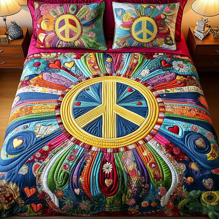 Sunshine Serenity Hippie quilted 3-piece bedding set on a made bed with two matching pillow shams