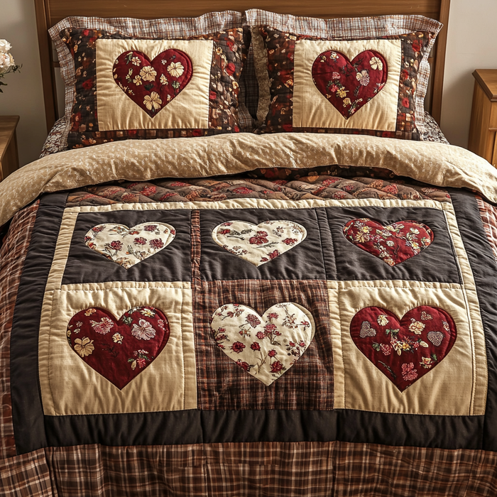 Sweet Stitch quilted 3-piece bedding set on a made bed with two matching pillow shams