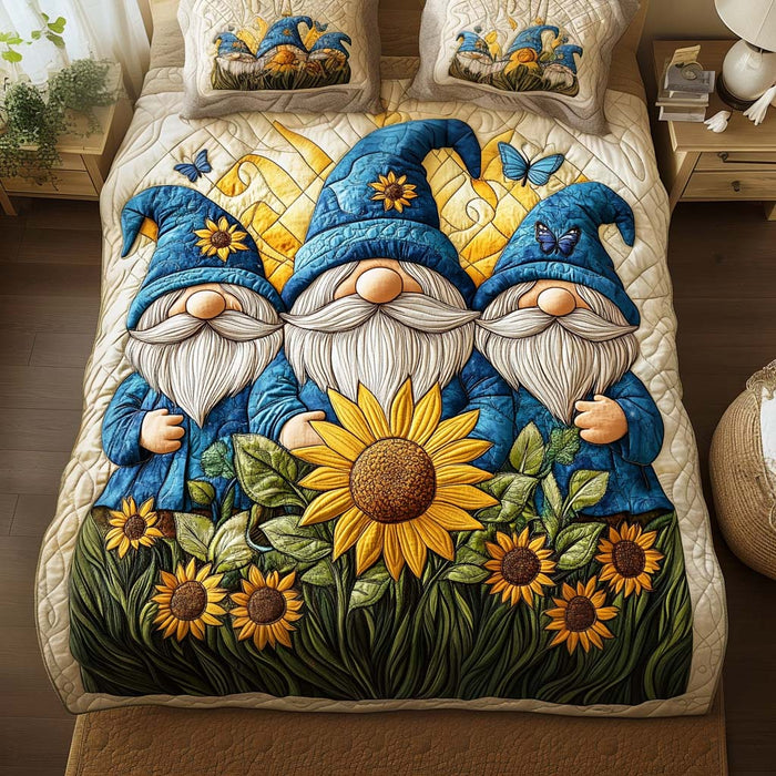 Triple Delight quilted 3-piece bedding set on a made bed with two matching pillow shams