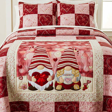 Valentine Gnome Charm 3-Piece Quilted Bedding Set