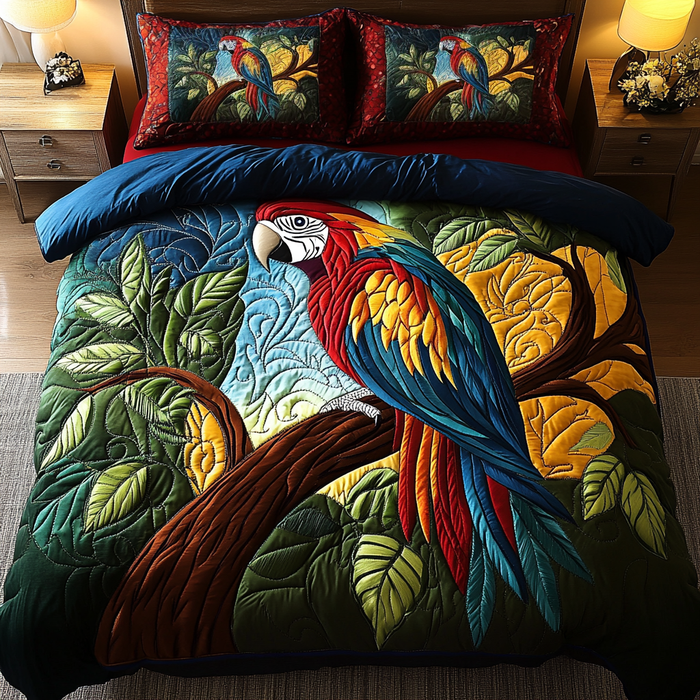 Vibrant Plume quilted 3-piece bedding set on a made bed with two matching pillow shams
